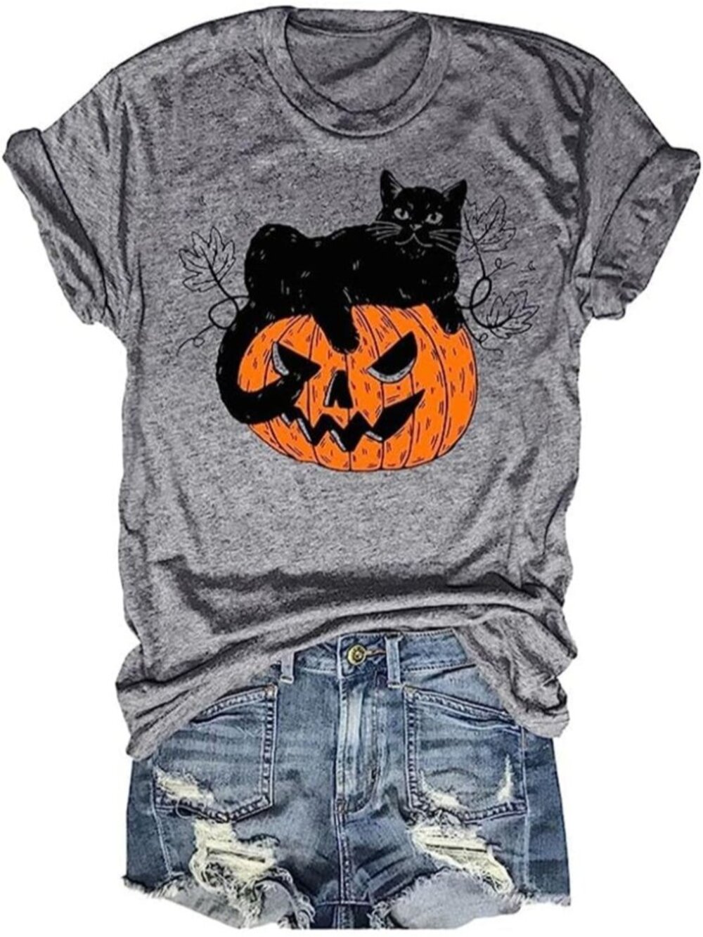 🆕 Women's Gray Black Cat Pumpkin Halloween Fall Graphic Tee Shirt Top